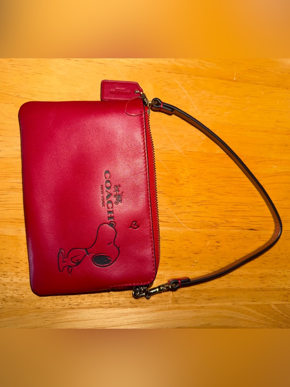 COACH Red Leather Wristlet with Snoopy Graphic
